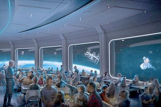 Artist’s concept of Space 220, a new restaurant at Walt Disney World Resort’s EPCOT in Florida, which will offer guests amazing meals and a spectacular view 220 miles above Earth. 