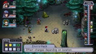 Best JRPGs - In a turn-based battle in Cosmic Star Heroine, the player considers activating the Enviro-Hack ability on a skeleton.