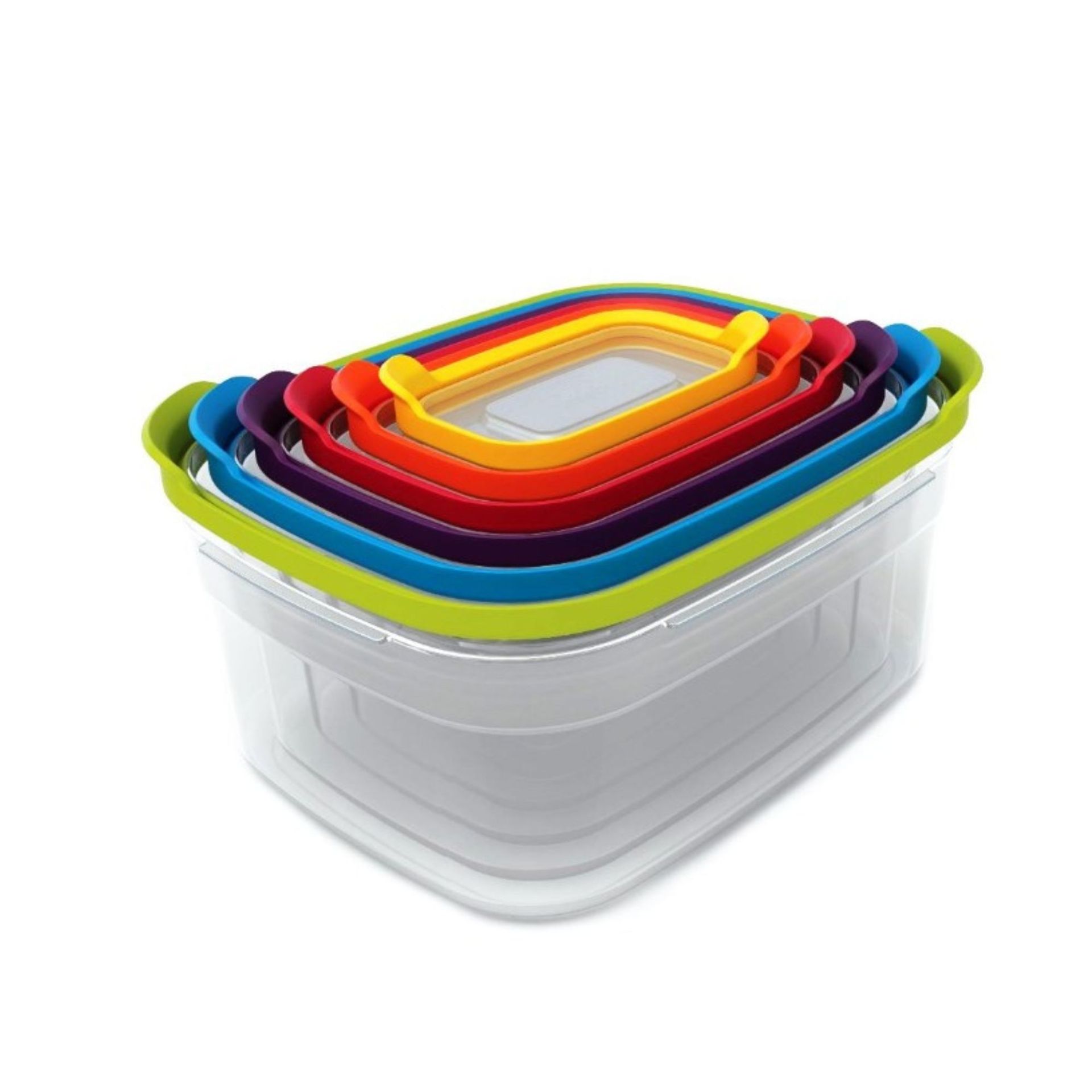 Tumpukan kotak penyimpanan dengan tutup berwarna pelangi