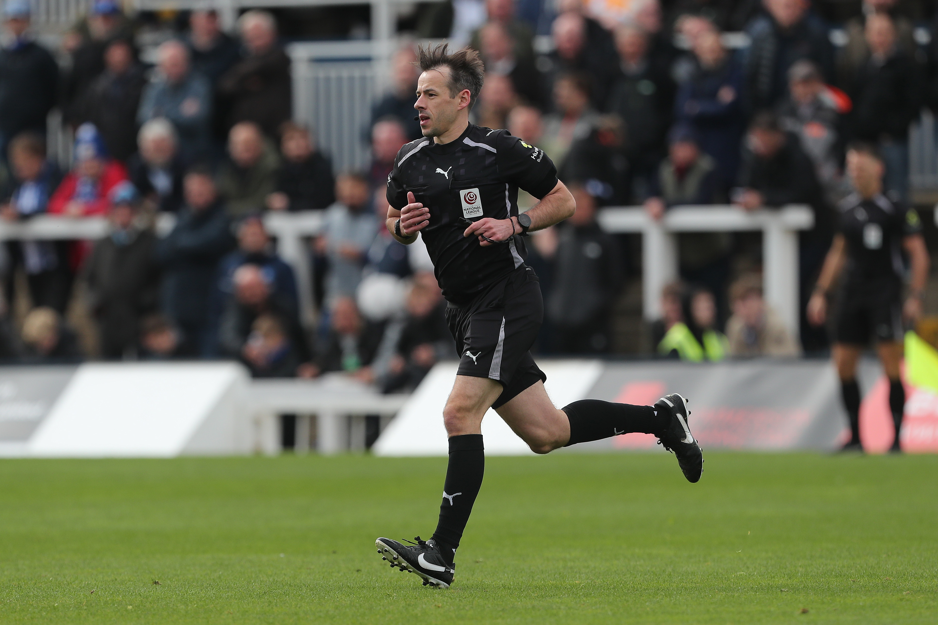 Match referee Dale Baines officiates the Enterprise National League match between Hartlepool United and York City at Victoria Park in Hartlepool, England, on October 4, 2025. (Photo by Mark Fletcher/MI News/NurPhoto via Getty Images)