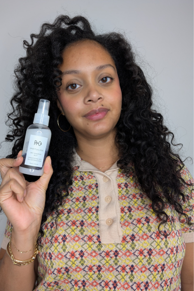 Photos of tester Shauna Beni-Haynes before and after using the R+Co Dry Spiritualized Dry Shampoo Mist