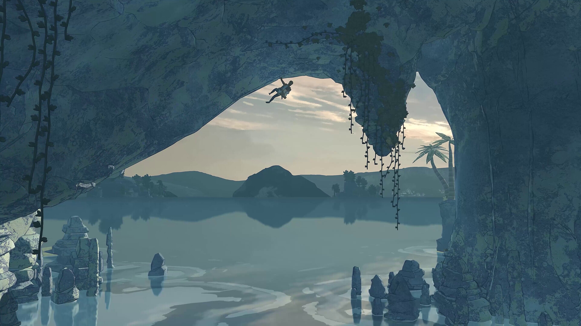 The character Marco from Cairn hanging off an overhang above water in a screenshot from the games On the Trail DLC.