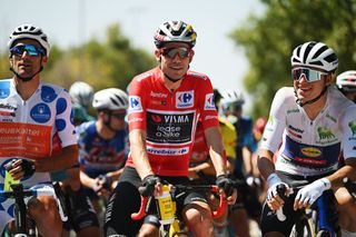 PLASENCIA SPAIN AUGUST 20 LR Luis Angel Mate of Spain and Team Euskaltel Euskadi Polka dot Mountain Jersey Wout van Aert of Belgium and Team Visma Lease a Bike Red Leader Jersey and Mathias Vacek of Czech Republic and Team Lidl Trek White Best Young Rider Jersey prior to the La Vuelta 79th Tour of Spain 2024 Stage 4 a 1705km stage from Plasencia to Pico Villuercas 1544m UCIWT on August 20 2024 in Plasencia Spain Photo by Dario BelingheriGetty Images