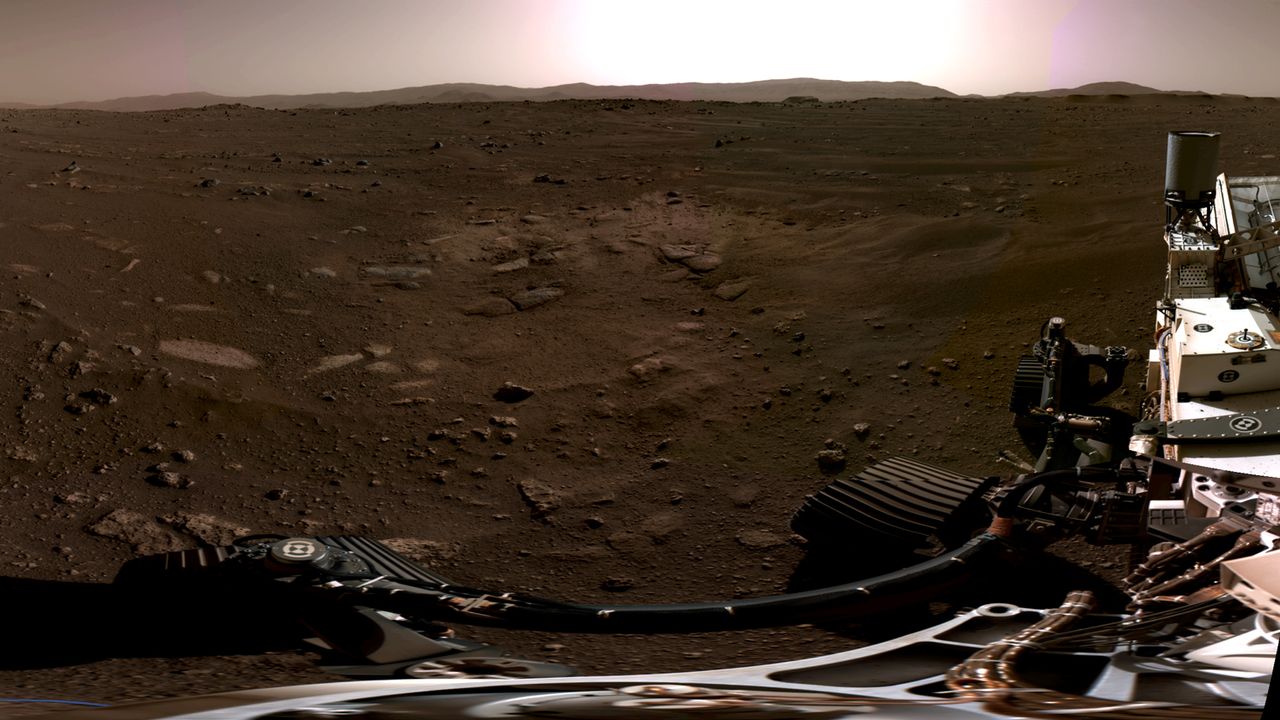 This panorama, taken on Feb. 20, 2021, by the Navigation Cameras, or Navcams, aboard NASA&rsquo;s Perseverance Mars rover, was stitched together from six individual images after they were sent back to Earth.