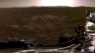 This panorama, taken on Feb. 20, 2021, by the Navigation Cameras, or Navcams, aboard NASA’s Perseverance Mars rover, was stitched together from six individual images after they were sent back to Earth.