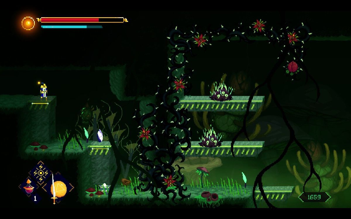 Screenshots from Adventure of Samsara showing a warrior exploring dangerous underground areas full of obstacles