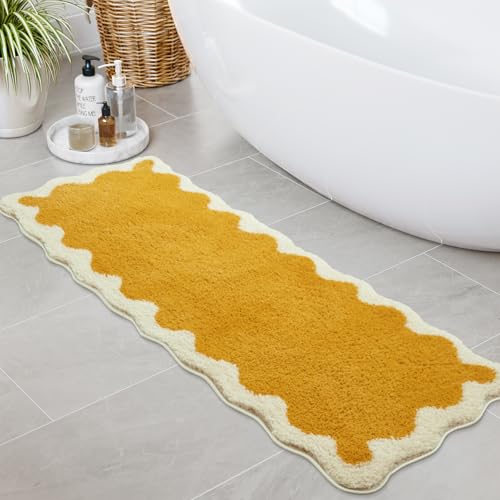 Uphome Bathroom Rug Runner, Cute Long Irregular Shaped Bathroom Rug Absorbent Non Slip, 18x47 Machine Washable Soft Shaggy Microfiber Bath Mat for Floor, Tub, Shower, Yellow