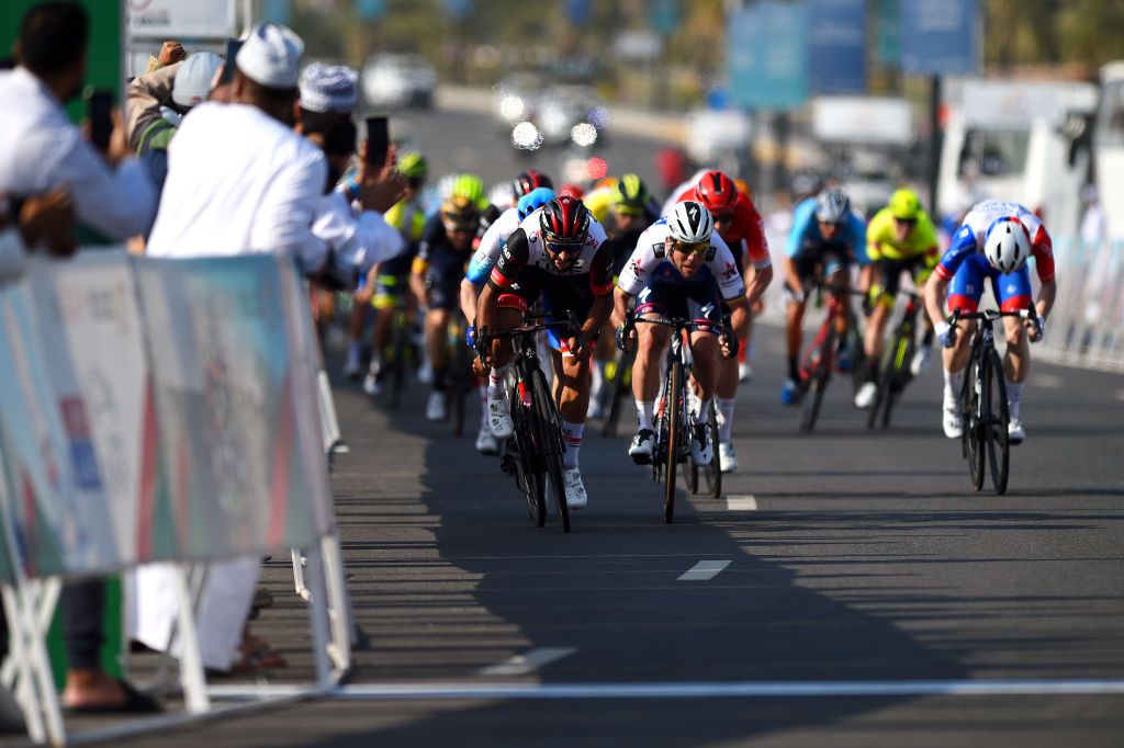 Fernando Gaviria launches his winning sprint on day one of the Tour of Oman