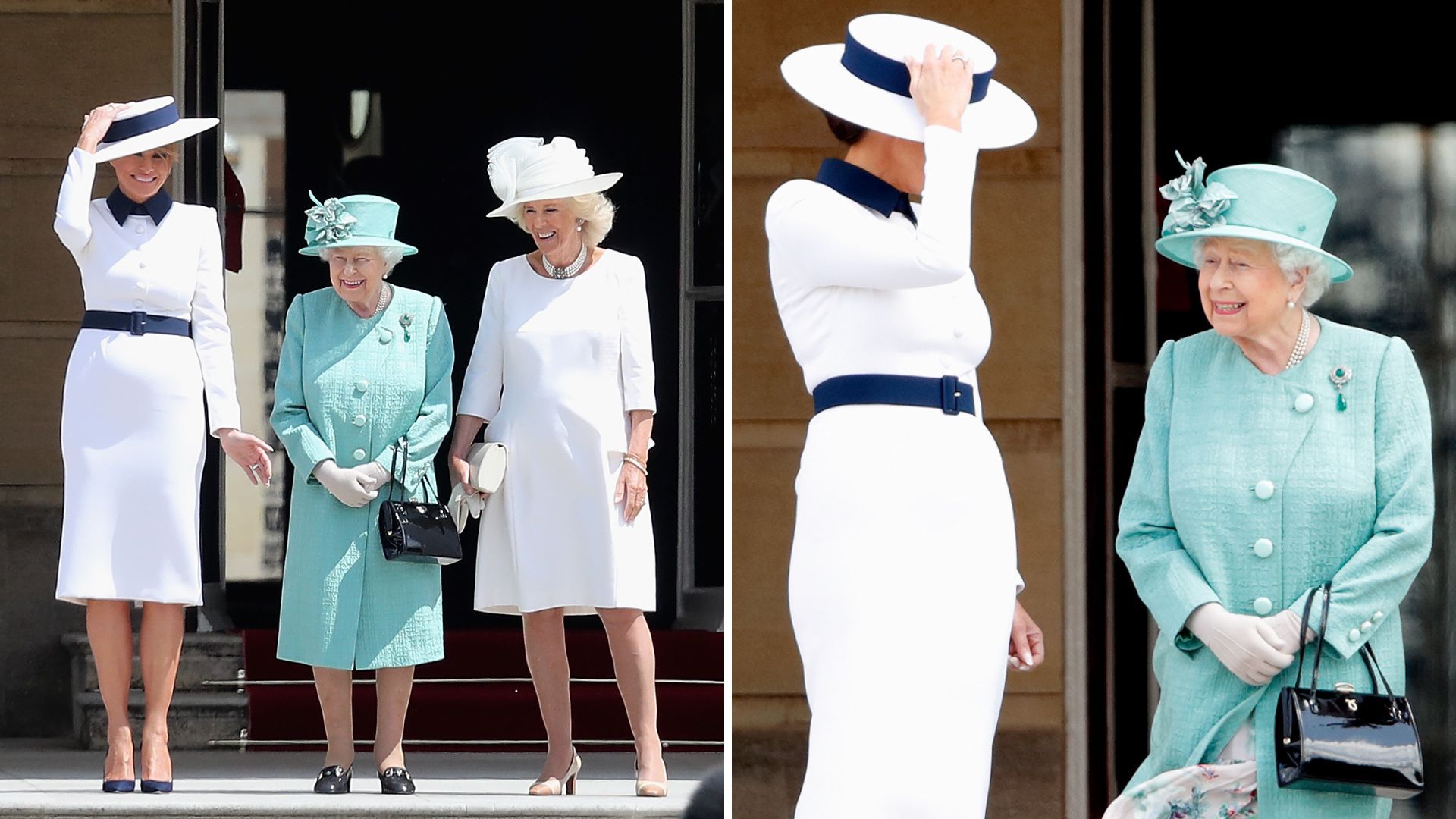L-Melania Trump, Queen Elizabeth and Queen Camilla during the Trumps&#039; state visit in 2019, R-Melania Trump holds on to her hat as she talks to Queen Elizabeth II
