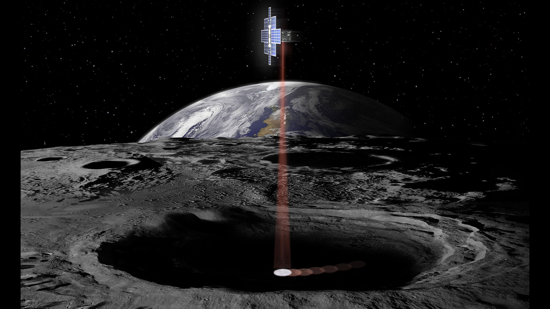 This artist's concept shows the Lunar Flashlight spacecraft, a six-unit CubeSat designed to search for ice on the Moon's surface using special lasers.