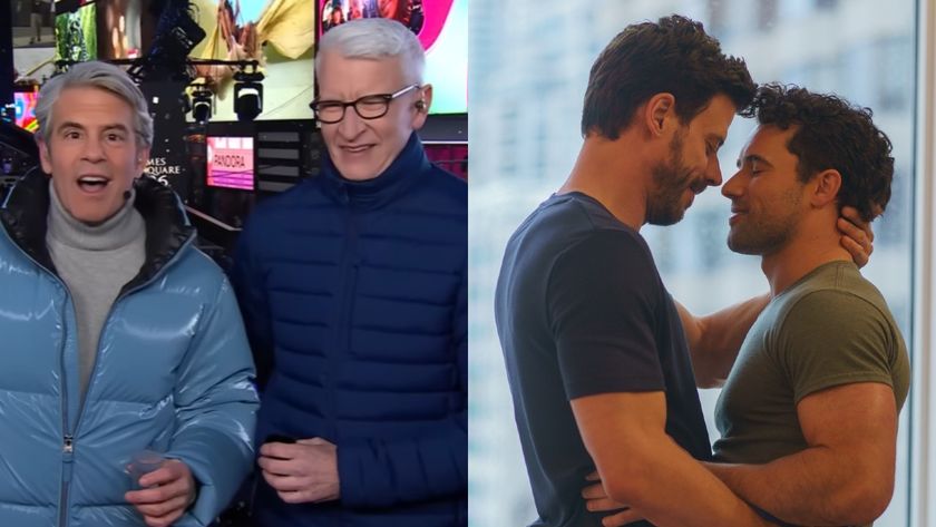 From left to right: Andy Cohen and Anderson Cooper on New Year's Eve and Scott and Kip in Heated Rivalry holding each other. 