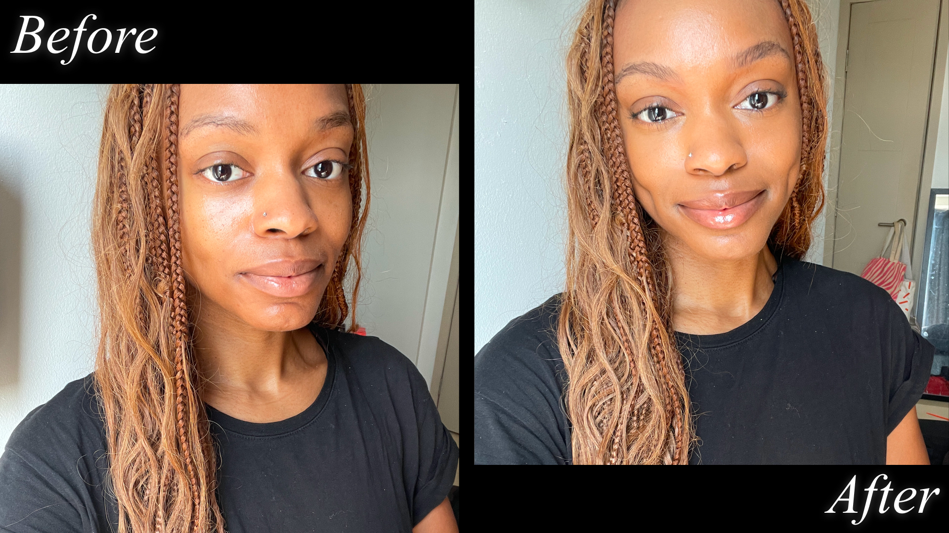 Danielle Jackson before and after testing m.ph makeup with black border and "before" and "after" text
