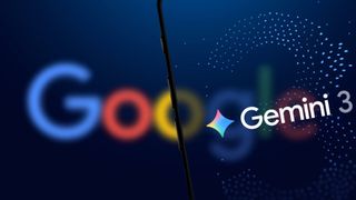 The logo of Gemini 3 is displayed on a smartphone screen with Google logo in the background.