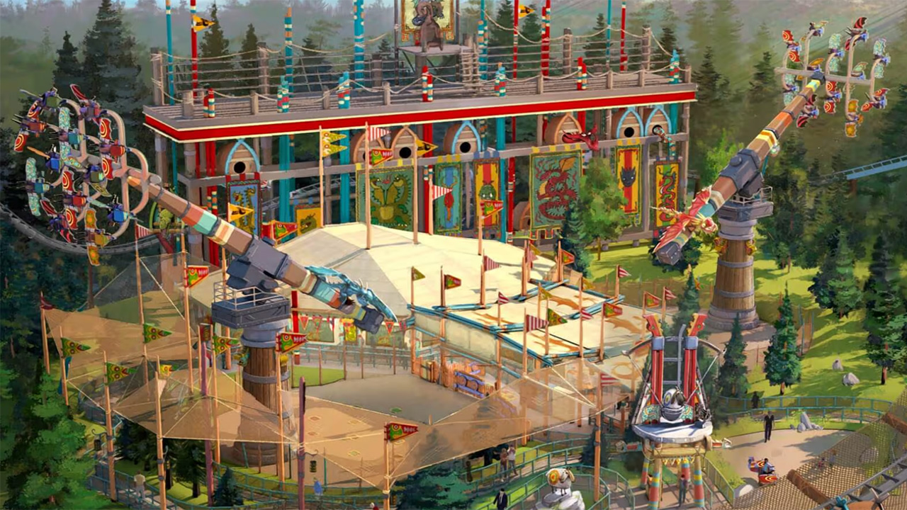 A rendering of Dragon Racers Rally At Epic Universe's How To Train Your Dragon Land, with colorful ride backdrop and racers in the air.