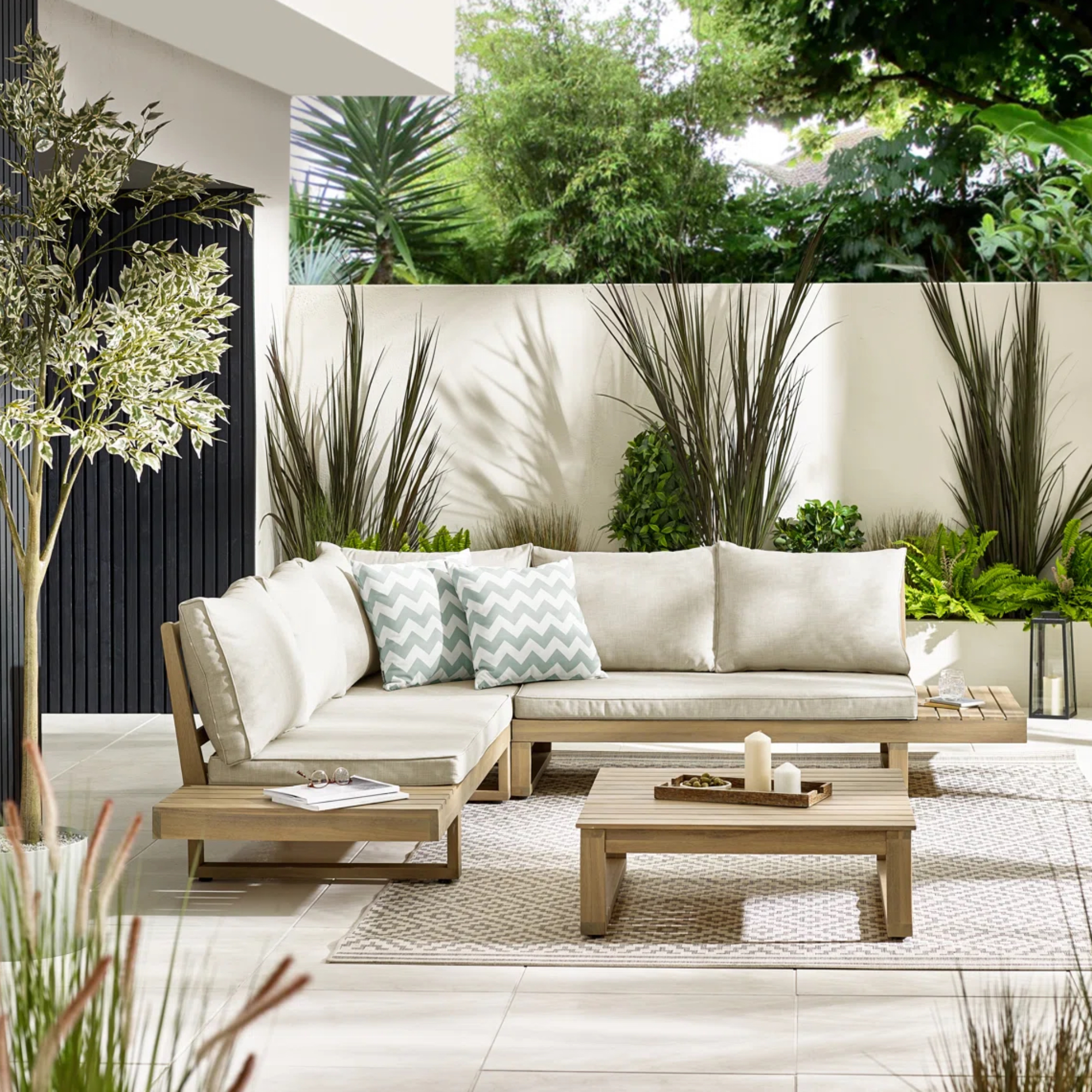 Wayfair Brisca Solid Wood 6 Seater Garden Sofa Set & Coffee Table