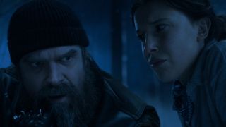 Eleven looking at Hopper in the Upside Down in Stranger Things Season 5, Volume 1