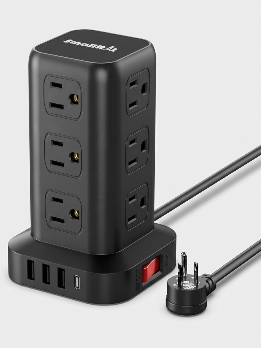 A SmallRT 12 outlet extension cord on a grey background