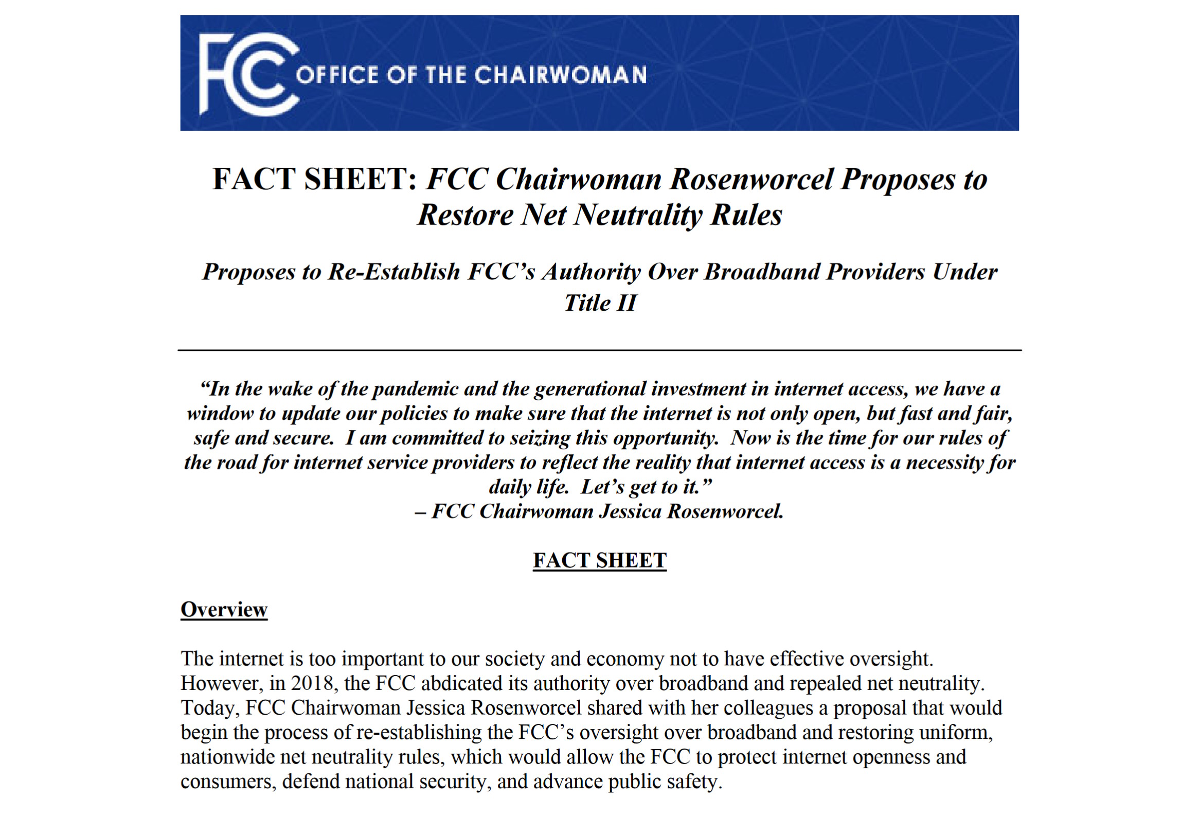 FCC-Vorschlag zur Wiederherstellung der Netzneutralität – Übersicht