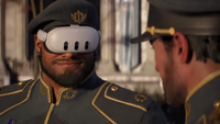 Dom from Gears of War: E-Day wearing a Meta Quest 3 virtual reality headset while standing opposite another soldier.