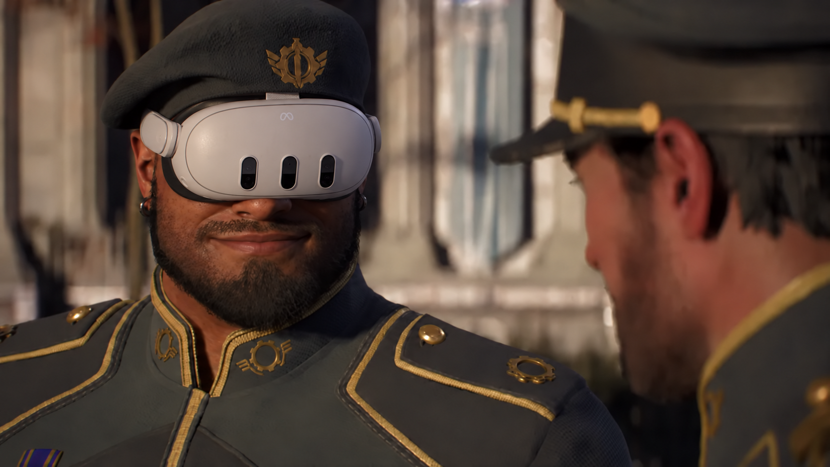 Dom from Gears of War: E-Day wearing a Meta Quest 3 virtual reality headset while standing opposite another soldier.