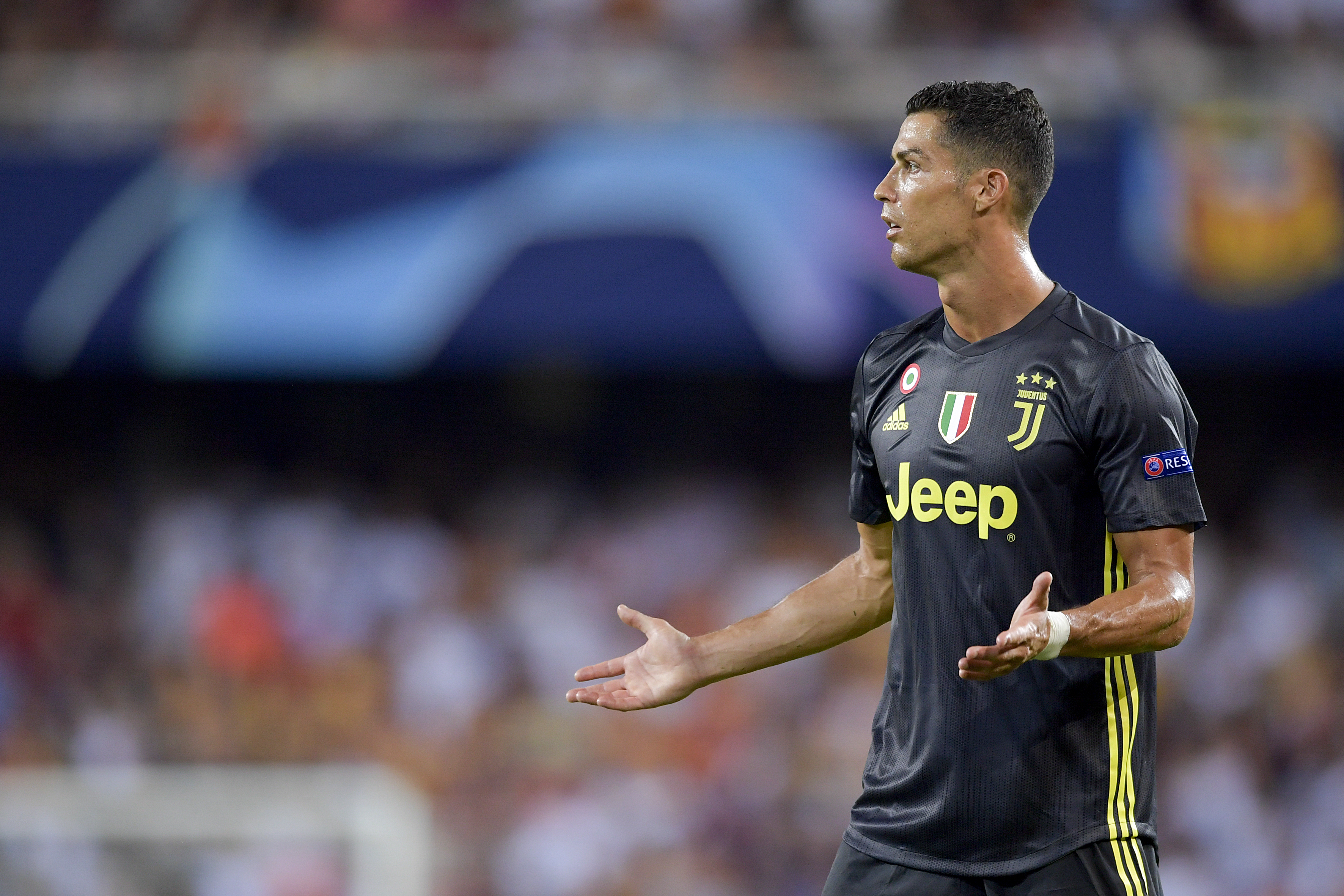 Cristiano Ronaldo reacts after receiving a red card while playing for Juventus against Valencia in September 2018.