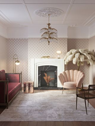 living room rug ideas neutral rug with Art Deco wallpaper by Divine Savages