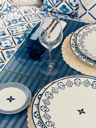 blue and white tableware at Louis Vuitton café