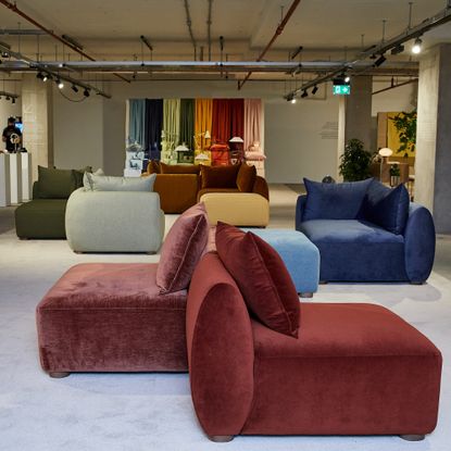 Individual modules of the John Lewis Elara sofa in various fabric colours at the brand's autumn/winter 2026 press preview