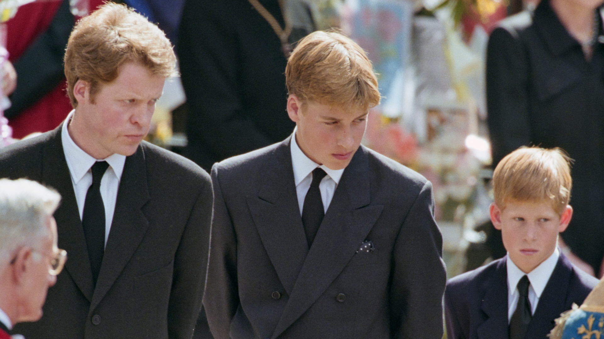 Princess Diana's brother, Charles Spencer, 9th Earl Spencer, and her sons, Prince William and Prince Harry, at her funeral service at Westminster Abbey on September 6, 1997
