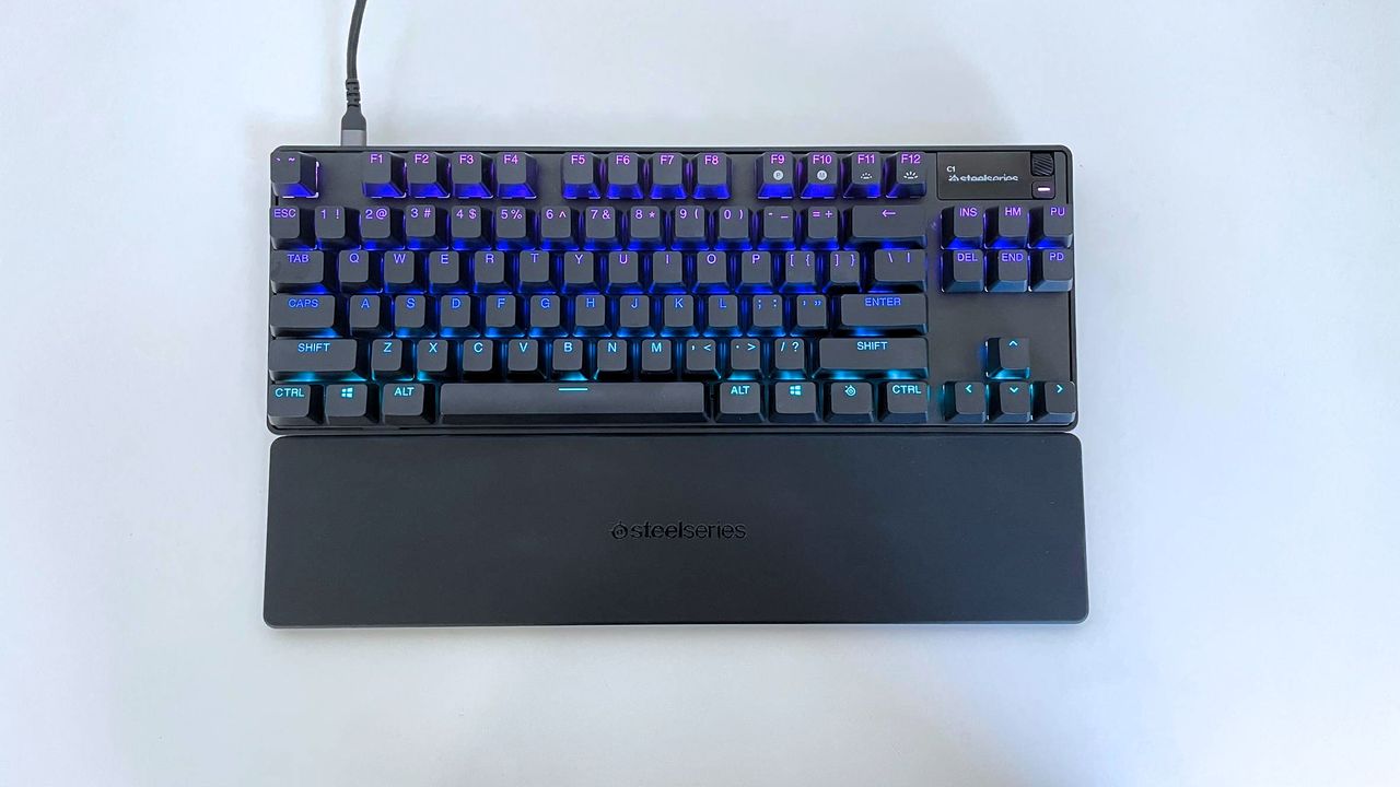 The SteelSeries Apex Pro Gen 3 TKL seen from above on a white table