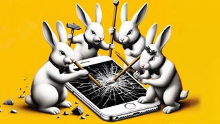 Rabbits attack an iPhone on a yellow background