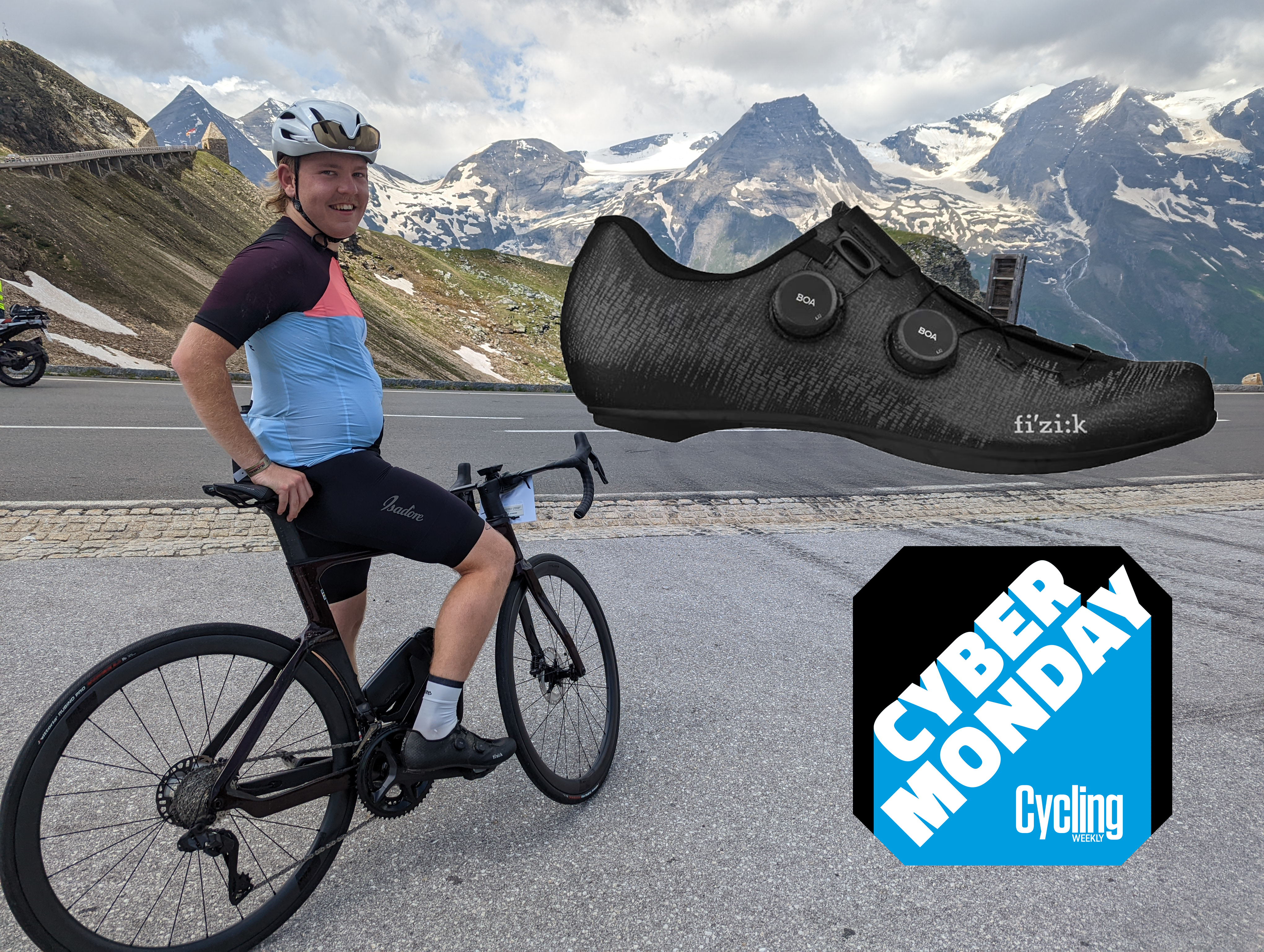 Adam Becket on his bike with a hovering Fizik shoe