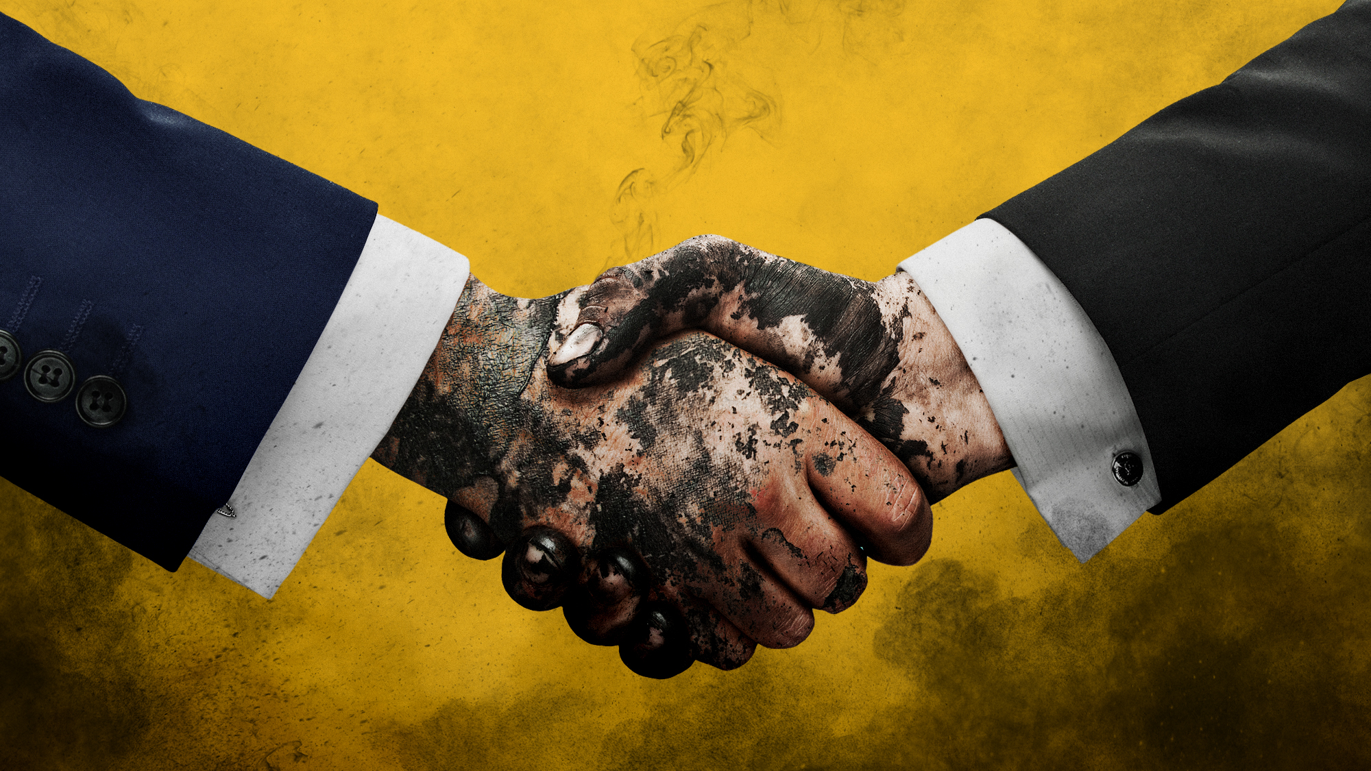 Illustration of two negotiators shaking filthy hands surrounded by battle smoke