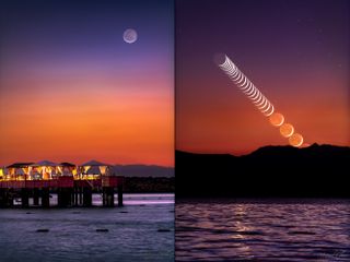 two scenes side by side. one shows the new moon high in the sky above a lake and pergolas. the second scene is a timelapse photo of the new moon rising in a glowing sky with mountains and a lake
