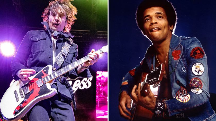 Justin Hawkins [left] of the Darkness plays an open G on his offset electric and closes his eyes as he performs onstage; soul-reggae icon Johnny Nash [right] frets a chord on his acoustic and wears a patched denim jacket.