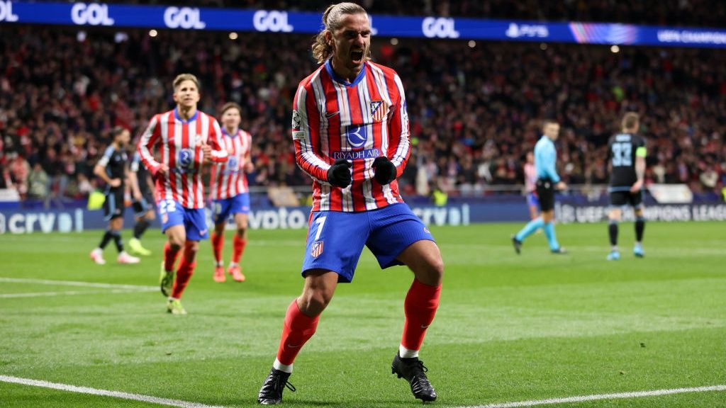 Antoine Griezmann of Atletico de Madrid celebrates scoring his team&#039;s second goal during the UEFA Champions League 2024/25 League Phase MD6 match between Atletico de Madrid and SK Slovan Bratislava at Riyadh Air Metropolitano on December 11, 2024 in Madrid, Spain.