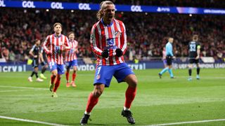 Antoine Griezmann of Atletico de Madrid celebrates scoring his team's second goal during the UEFA Champions League 2024/25 League Phase MD6 match between Atletico de Madrid and SK Slovan Bratislava at Riyadh Air Metropolitano on December 11, 2024 in Madrid, Spain.