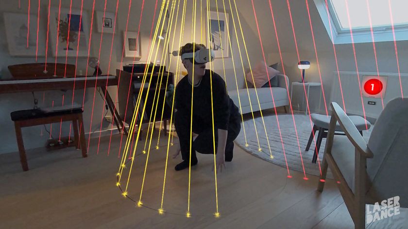 A mixed reality screenshot of a man dodging lasers in his living room while playing the game Laser Dance on a Meta Quest 3S