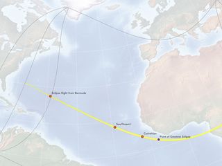 This map of the Nov. 3, 2013 solar eclipse shows the path of totality and the locations of chase planes and ships to observe the event. This map was created by cartographer Michael Zeiler of Eclipse-Maps.com.