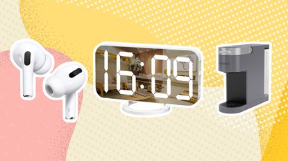 Where to buy dorm decor graphic with Airpods, digital bedside clock and Keurig machine