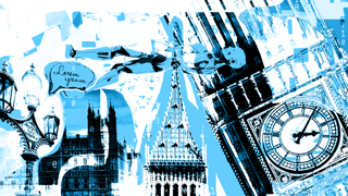 Image composite. Big Ben collapses while an android lays across its spire.