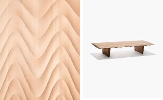 Two side-by-side photos of the wooden, ripple effect 'Sakyu' bench by Rasmus Fenhann for the Mindcraft exhibition. The first photo is a close up of the bench and the second photo shows the entire bench