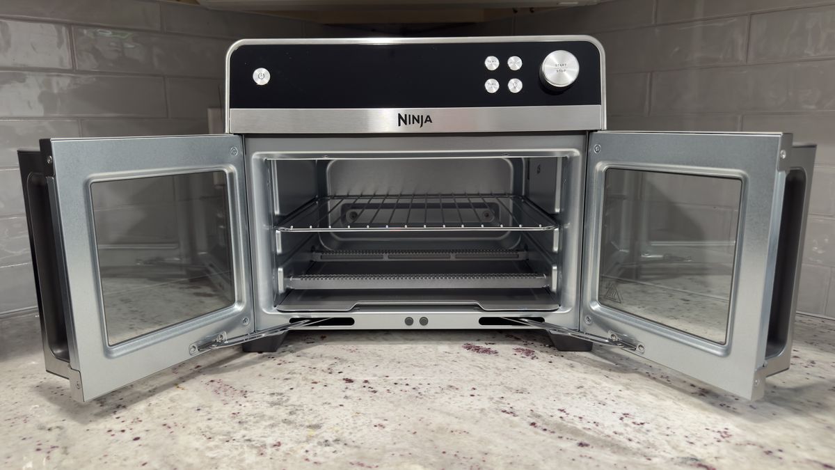 Ninja French Door Air Fryer and Countertop Oven open with rack set to higher slot