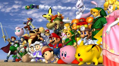Super Smash Bros. Melee artwork showing all of the playable characters together 