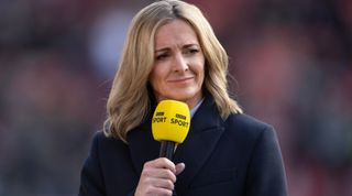 LEIGH, ENGLAND - APRIL 15: BBC Sport presenter Gabby Logan during the Vitality Women's FA Cup Semi Final between Manchester United and Brighton & Hove Albion at Leigh Sports Village on April 15, 2023 in Leigh, England. (Photo by Visionhaus/Getty Images)