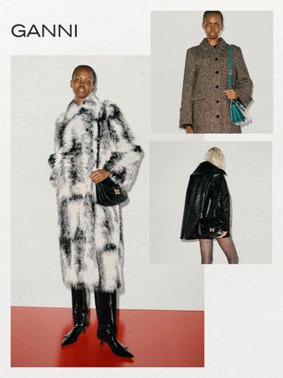 One of the best scandinavian clothing brands, Ganni, is shown in a collage of images with models wearing winter clothing from the brand