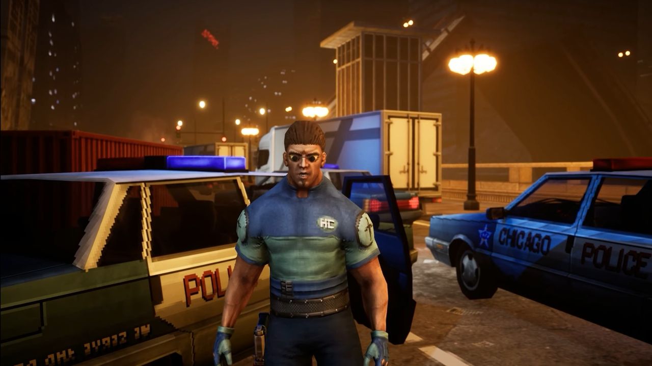Futuristic cybercop with robot eyes stands before gathered CPD cars with nighttime city and streetlights in background.
