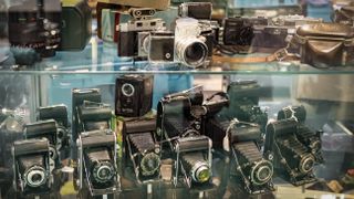 Vintage cameras on the Disabled Photographers' Society stand at The Photography & Video Show