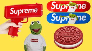 Kermit the Frog, Oreo, Cash Cannon and skateboards all branded by Supreme on a yellow background