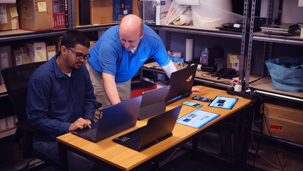 Laptop Mag testing lab, highlighting our diligent lab testers Arif Bacchus (left) and Matthew Murray (right).